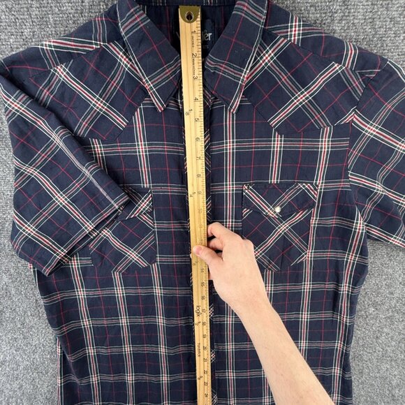VTG Wrangler Short Sleeve Men Pearl Snap Up Shirt Adult Western Plaid Blue Red L - Picture 3 of 13
